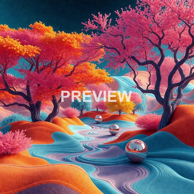 The image depicts a vibrant, surreal landscape with colorful trees in shades of pink, orange, and blue, flowing water with reflective metallic spheres, and rolling hills in bright hues under a dark sky.